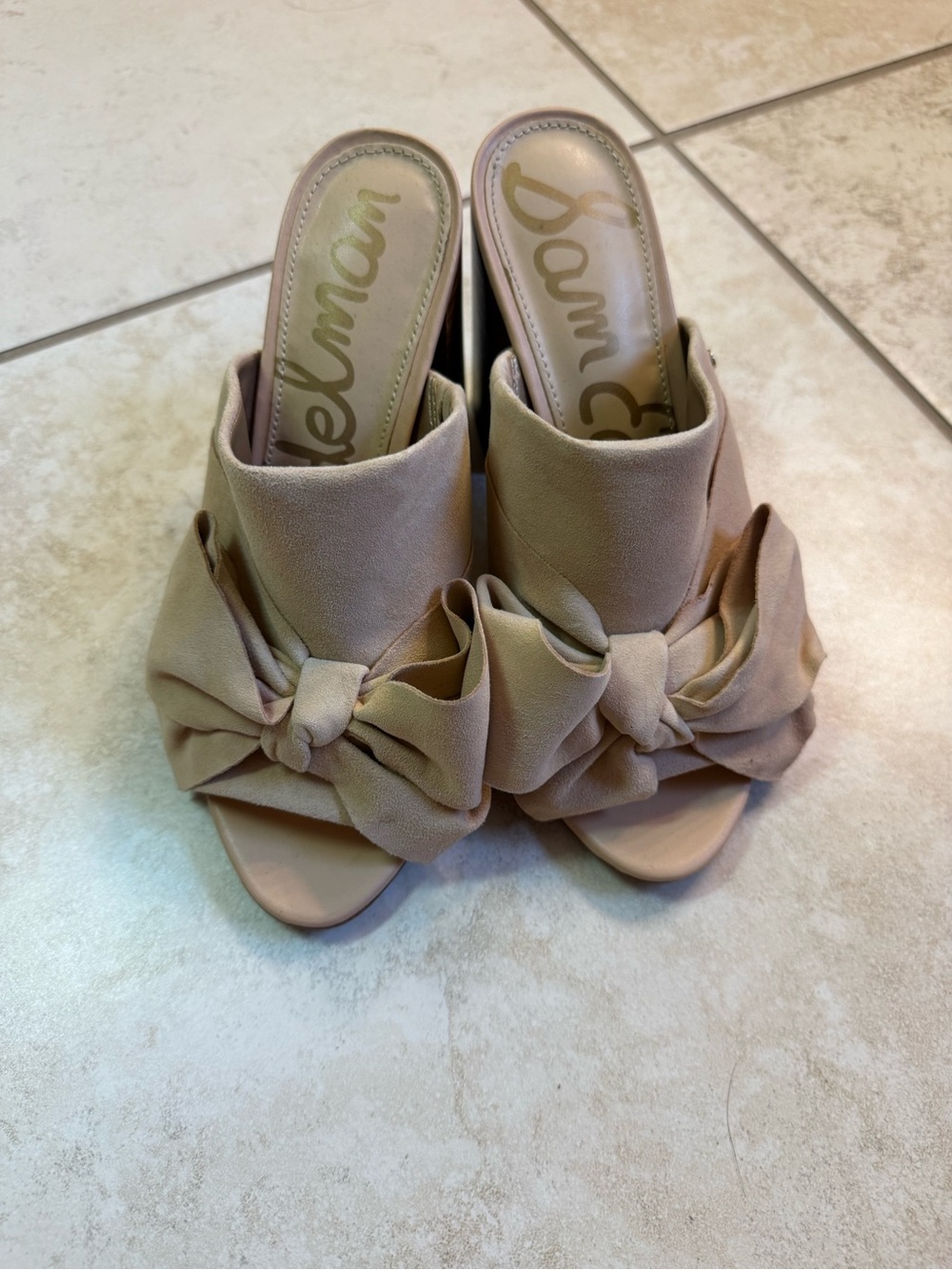 Sam Edelman Taupe Bow Slip-On Suede Mules